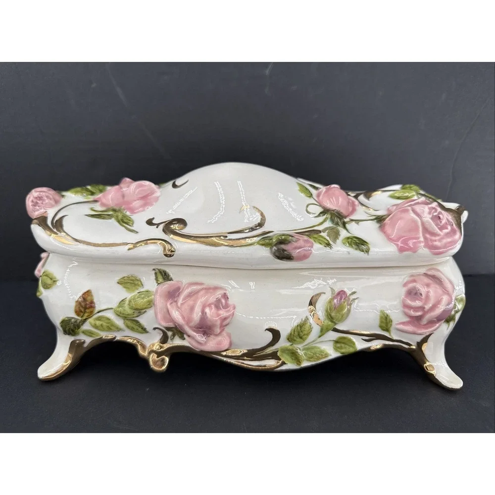 Vintage Pink Rose Porcelain Coffin Trinket Ceramic Jewelry Dresser Box Boho Chic